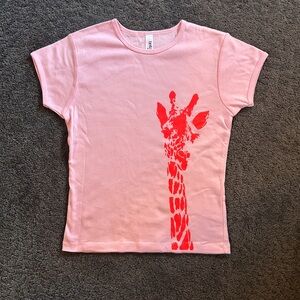 Screen-Printed Pink and Red Giraffe Girls Cap-Sleeve T-Shirt